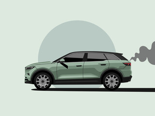 This illustration presents a green SUV with visible exhaust smoke, highlighting issues related to environmental impact and modern vehicle design.