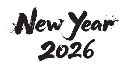 Bold brushstroke lettering of 'new year 2026' with artistic splatter accents, conveying a dynamic and celebratory theme.