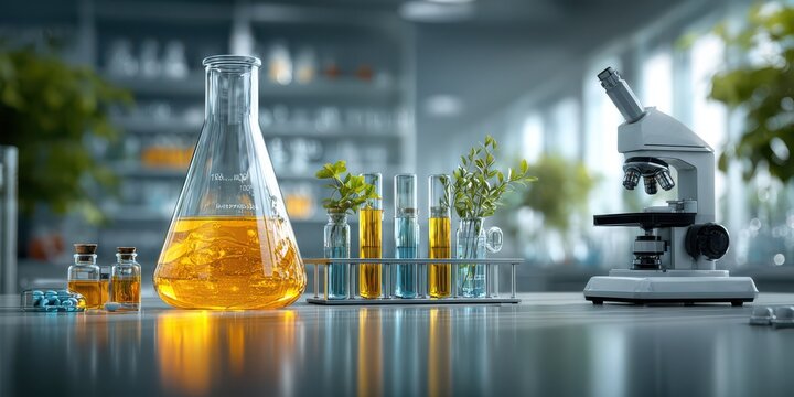 Closeup of laboratory glassware with plants and microscope on table in modern lab for scientific research