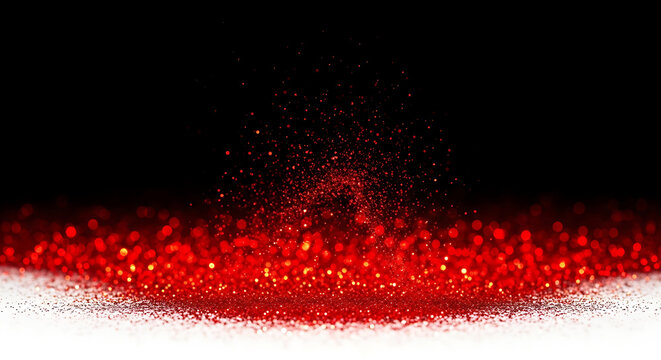 Abstract shimmering red particles erupting upwards against a dark background isolated on white background