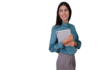 Confident businesswoman smiling, holding tablet, looking away on transparent background, thinking about future