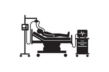 Patient lying in hospital bed with medical equipment silhouette Black and white patient in hospital care icon