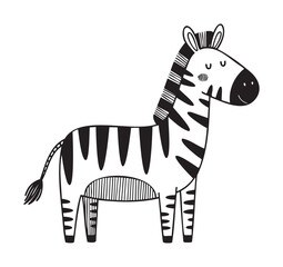 Fototapeta premium Cartoon zebra illustration in a simplistic black and white style with closed eyes and distinctive striped patterns.