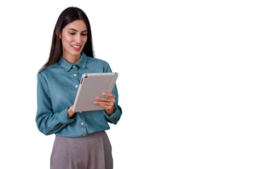 Young businesswoman smiling, interacting with digital tablet for work. This cutout is on a transparent background