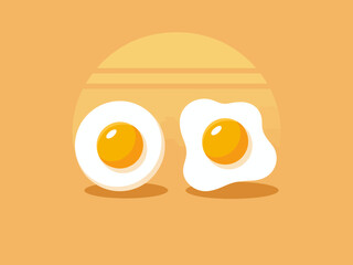 Two fried eggs sit against a soft orange background, highlighting their sunny yolks and evoking feelings of warmth, breakfast, and cheerfulness in a minimalist style.