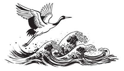 Obraz premium Black and white illustration of a crane flying over turbulent ocean waves, capturing the bird's grace and the sea's power.