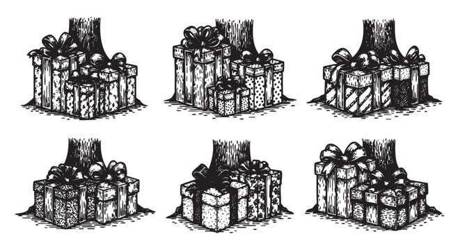 Black and white sketch of six gift boxes with bows, placed under a tree, showcasing different sizes and decorative patterns.