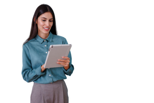 Young businesswoman smiling, interacting with digital tablet for work. This cutout is on a transparent background