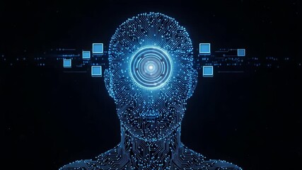 Abstract digital human head made of circuits with glowing eye - Powered by Adobe