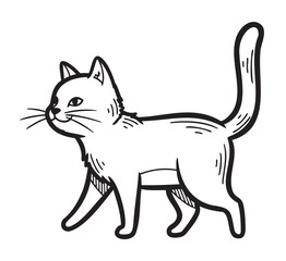 Obraz premium Black outline drawing of a cat standing with an upright tail, featuring simple and minimalistic line art style.