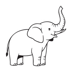 Obraz premium Black outline vector of a cheerful cartoon elephant with an uplifted trunk, showcasing a playful and friendly demeanor.