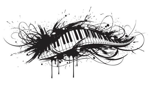 Abstract black and white illustration of a piano keyboard enveloped in splatters and swirls, evoking a sense of dynamic musical creativity.