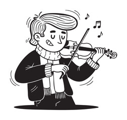 Smiling young caucasian male playing a violin enthusiastically, wearing a scarf and sweater in black and white illustration.