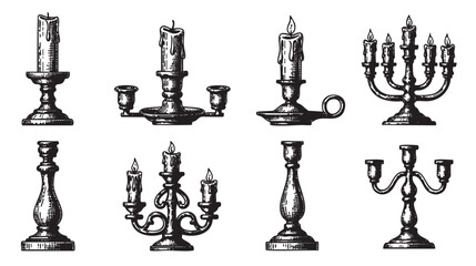 Black and white vector illustrations of various candlestick designs with lit candles, including single and multi-arm holders, drawn in a vintage style.
