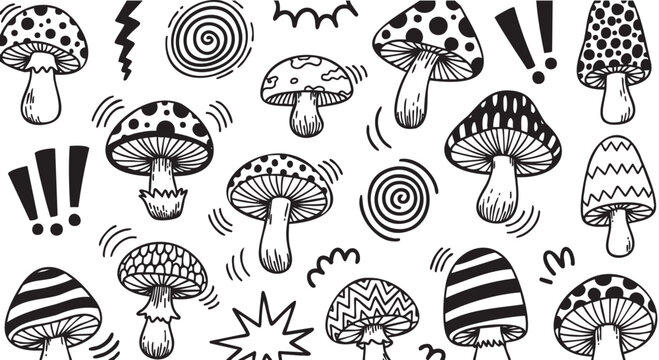 Black and white hand-drawn doodles of various mushrooms with abstract patterns and whimsical shapes across the image.