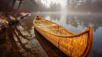 Rustic Wooden Canoe Gently Floating on a Calm, Misty Lake Shore, Reflecting Nature. - Powered by Adobe