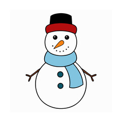 Cute cartoon snowman with a black hat and blue scarf isolated on white background