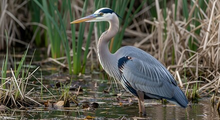 Great Blue Heron in Wetland
