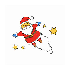 Cute cartoon santa claus flying through stars on a white background isolated on white background