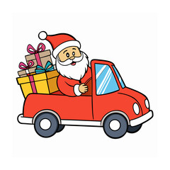 Cartoon santa claus driving a red truck filled with presents isolated on white background
