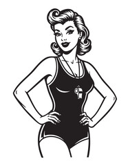 Black and white illustration of a confident, young caucasian female lifeguard in a vintage-style swimsuit with a whistle around her neck, hands on hips.