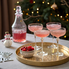 Festive Christmas table setting with sparkling champagne glasses and decorations ready for a gourmet celebration dinner