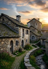 Naklejka premium Quaint Stone Village at Sunset - A Timeless European Landscape.