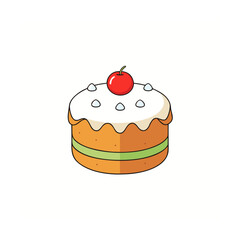 A delicious cartoon cake with cherry and frosting isolated on white background
