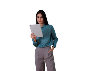 Fototapeta premium Professional woman using digital tablet, interacting with technology, smiling. Transparent background for versatile use