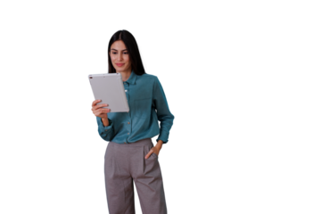Professional woman using digital tablet, interacting with technology, smiling. Transparent background for versatile use