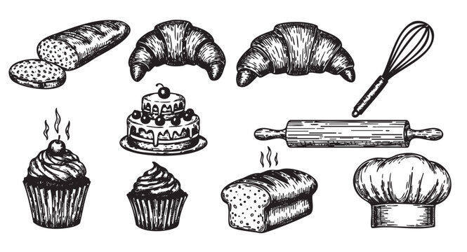 Hand-drawn black and white illustration of various bakery items including bread, croissants, cake, cupcakes, and baking tools like a whisk and rolling pin.