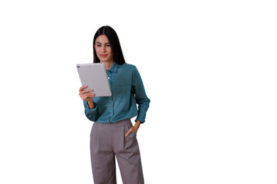Professional woman using digital tablet, interacting with technology, smiling. Transparent background for versatile use