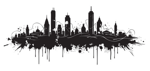 Obraz premium Black ink splatter silhouette of a city skyline with tall buildings and artistic flowing lines, creating a dynamic urban scene.