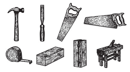 Black and white illustration of vintage woodworking tools including a hammer, chisel, hand saw, tape measure, and workbench, showcasing traditional carpentry equipment.