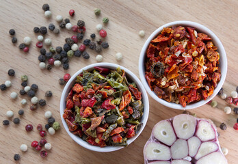 Mix of dried vegetable and spices as background.