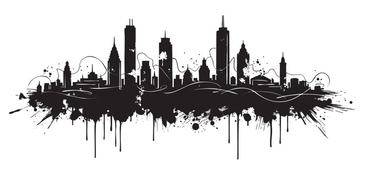 Black ink splatter silhouette of a city skyline with tall buildings and artistic flowing lines, creating a dynamic urban scene.