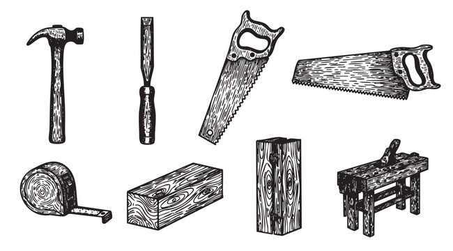 Black and white illustration of vintage woodworking tools including a hammer, chisel, hand saw, tape measure, and workbench, showcasing traditional carpentry equipment.