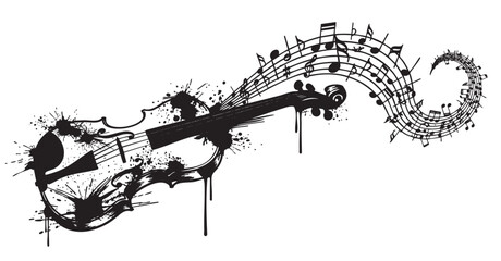 Black ink splatters form an artistic violin silhouette with flowing musical notes, creating a dynamic visual of sound and music.