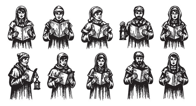 Ten medieval figures dressed in robes, some holding lanterns and others holding manuscripts, depicted in a detailed black and white woodcut style.