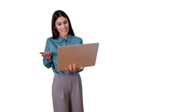 Woman presenting at a video meeting holding a laptop, engaging in online communication with hand gesture, transparent background