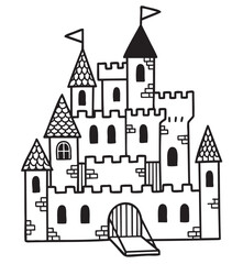 Fototapeta premium Black outline of a medieval castle with battlements, towers, and flags, showcasing a whimsical and simple hand-drawn style.