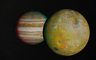 3D anaglyph image of Io and Jupiter. Includes NASA data. View with red/cyan glasses.