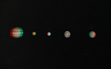 3D anaglyph image of the Galilean satellites of Jupiter. Includes NASA data. View with red/cyan glasses.