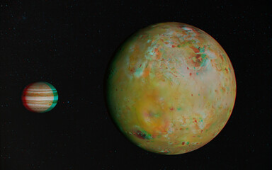 3D anaglyph image of Io and Jupiter. Includes NASA data. View with red/cyan glasses.