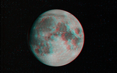 3D anaglyph image of the Moon. Includes NASA data. View with red/cyan glasses.