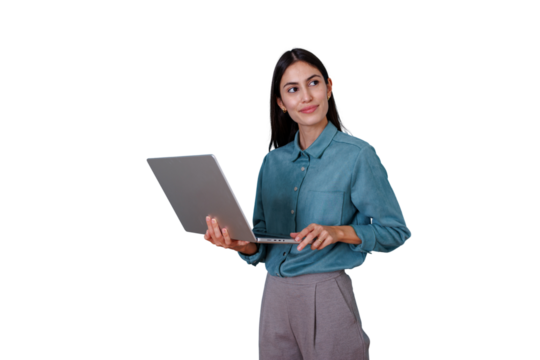 Professional woman holding laptop, smiling, looking away and thinking on transparent background