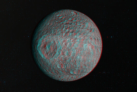 3D anaglyph image of Mimas (natural satellite of Saturn) . Includes NASA data. View with red/cyan glasses.