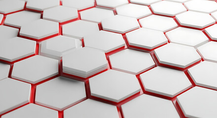 Abstract geometric pattern of white hexagonal tiles with glowing red lines in between isolated on white background