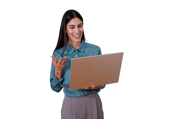 Woman having a video call on laptop, communicating online, remote work, virtual meeting, professional discussion