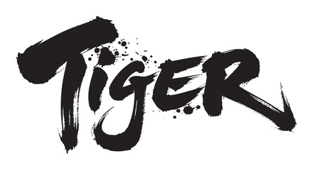 Bold, stylized black brushstroke text spelling "tiger" with dynamic splatter elements in a modern artistic design.